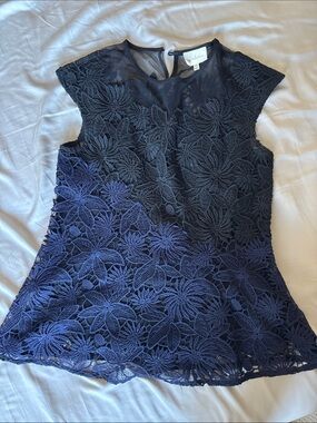 Deletta Black and Navy Floral Lace Cap Sleeve Top